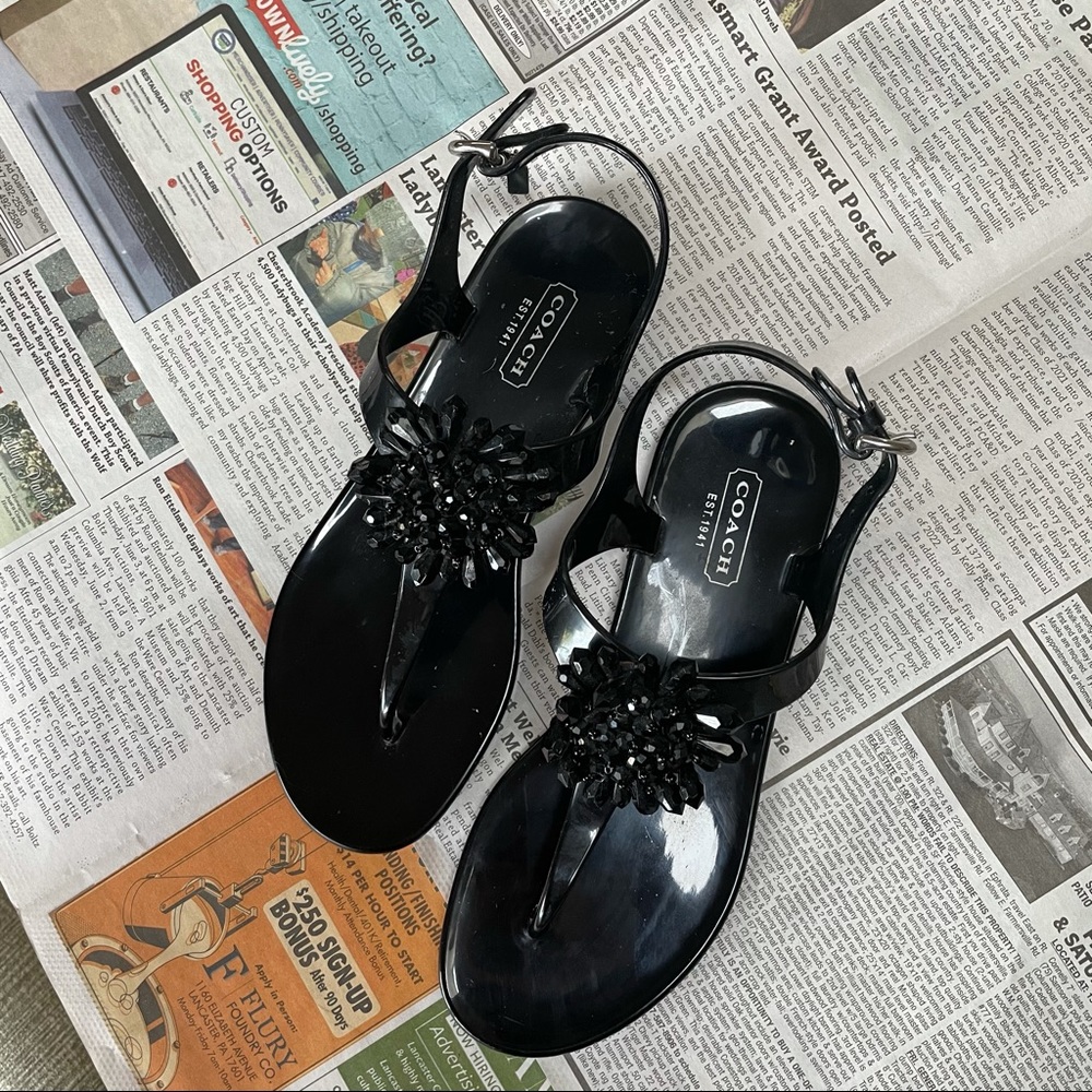Coach Black Jeweled T-Strap Sandals